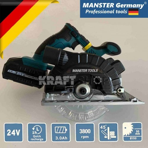 Акумулаторен циркуляр Manster Tools 24 V, 3А, Ø150mm, 2бр батерии и зарядно устройство
