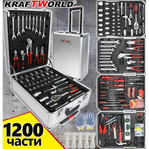 1200 части Куфар с инструменти KraftWorld -ключове с тресчотка, клещи, отвертки