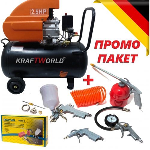 ПРОМО ПАКЕТ Пневматични инструменти 5ч + Компресор за въздух 25л. KraftWorld