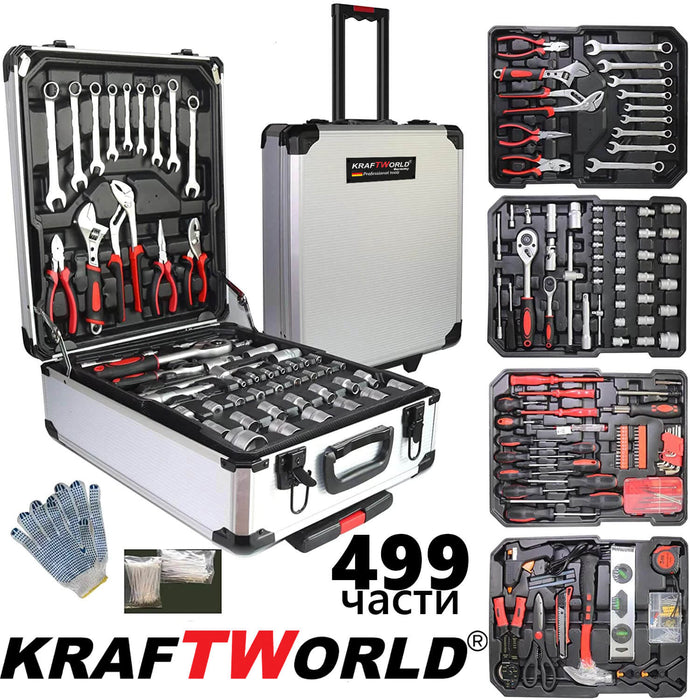 Куфар с инструменти 499 части KraftWorld - тресчотка, ключове, отвертки, клещи