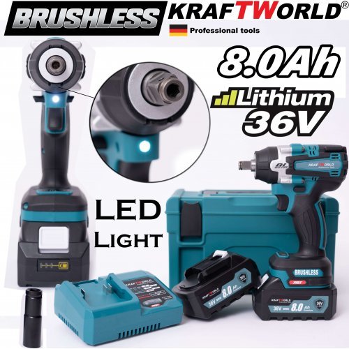 Комбиниран Безчетков акумулаторен ударен гайковерт KraftWorld с 2 батерии 36V 8Ah