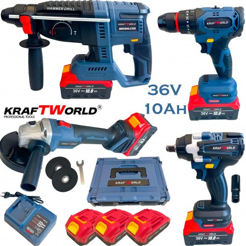 Комплект Акумулаторни Безчеткови Машини 4в1 PowerMax от Kraftworld 36V 10Ah Ъглошлайф,Гайковерт,Винтоверт и Перфоратор