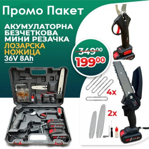 Промо комплект WerkBull 2в1: Акумулаторна лозарска ножица и мини трион с 2 вериги