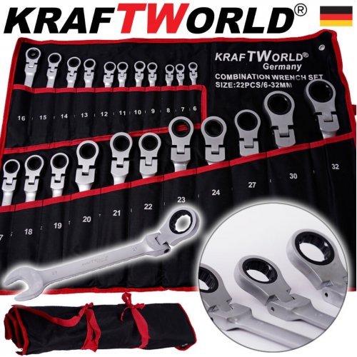 ПЪЛЕН КОМПЛЕКТ Тресчотни ключове 22 части KraftWorld 6-32мм с чупещо рамо