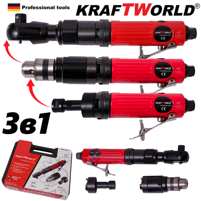 Пневматичен многофункционален инструмент 3 в 1 KraftWOrld - Тресчотка, Бормашина, Шлифовалка 1/2''