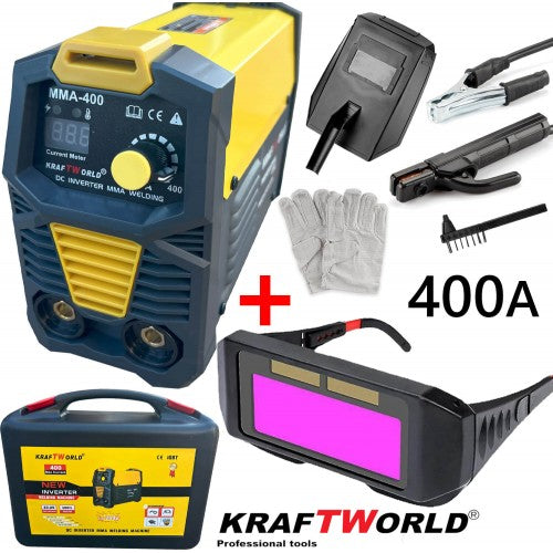 Инверторен Електрожен 400А KraftWorld + Соларни Очила – с Дисплей, Куфар, Кабели, Маска, Чукче