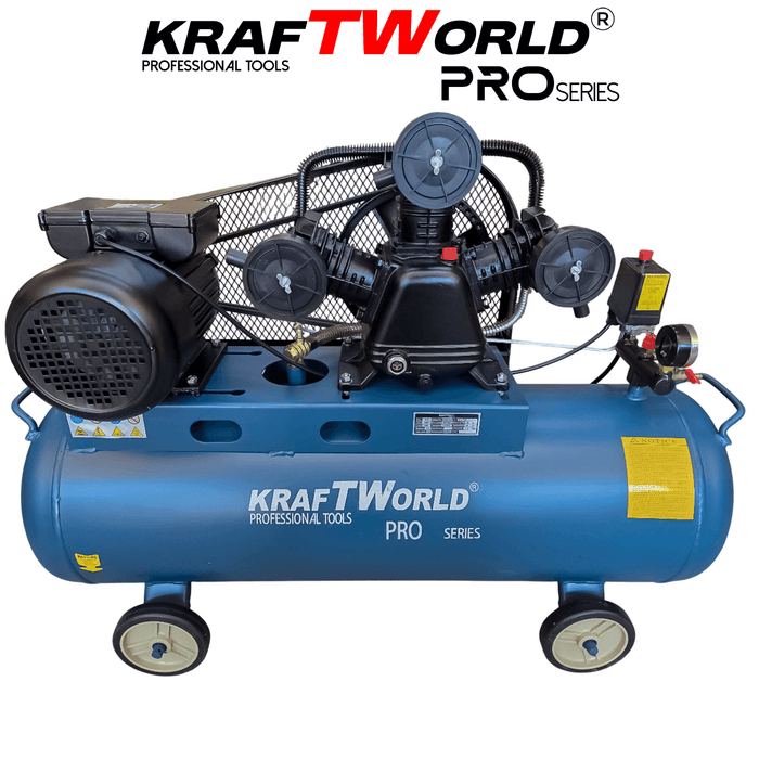 Професионален компресор за въздух KraftWorld Pro 100 литра, ремъчно задвижване
