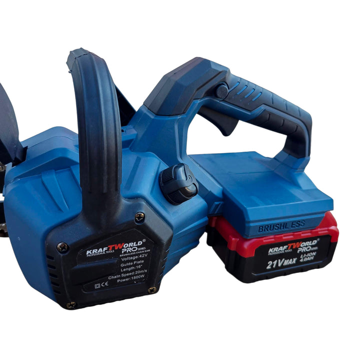 Акумулаторна Верижна Резачка с двойна батерия KraftWorld PRO – 42V (2×21V), 16″, 2 Вериги