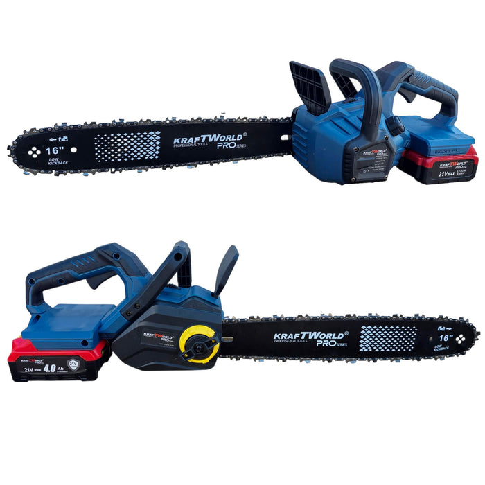 Акумулаторна Верижна Резачка с двойна батерия KraftWorld PRO – 42V (2×21V), 16″, 2 Вериги