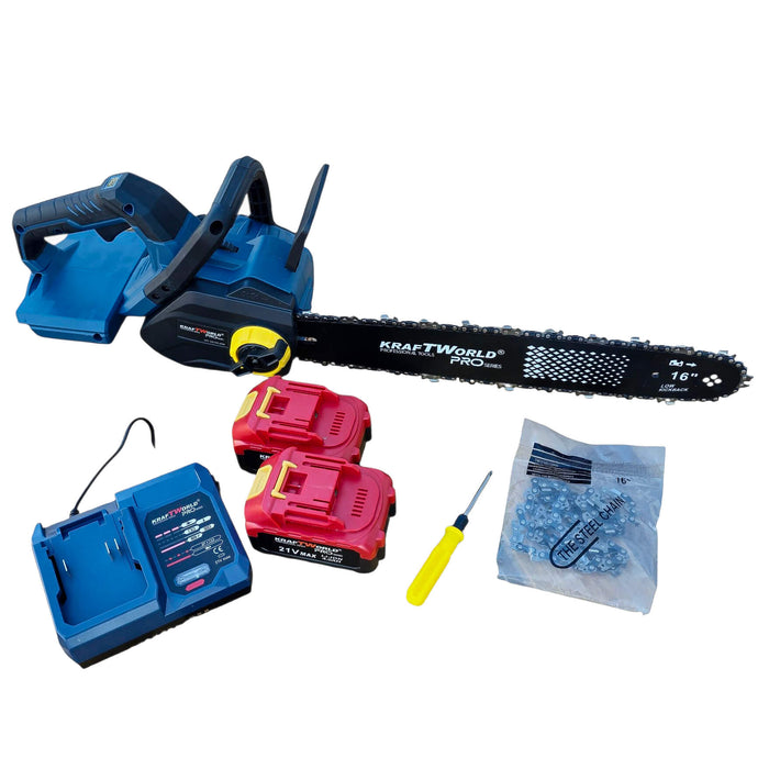 Акумулаторна Верижна Резачка с двойна батерия KraftWorld PRO – 42V (2×21V), 16″, 2 Вериги