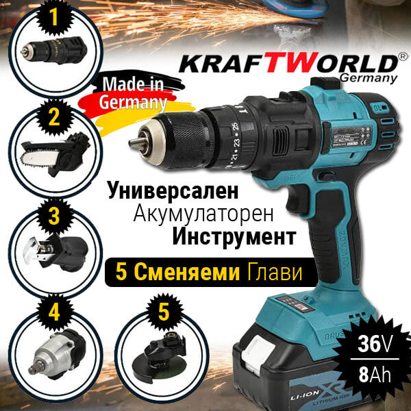 5 в 1 Универсален Акумулаторен Инструмент KraftWorld 36V 8Ah - винтоверт, ъглошлайф, резачка, саблен трион, гайковерт