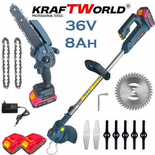 Комплект акумулаторен тример за трева и резачка за клони 36V 8Ah PowerMax Kraftworld