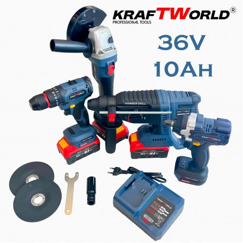 Комплект Акумулаторни Безчеткови Машини 4в1 PowerMax от Kraftworld 36V 10Ah Ъглошлайф,Гайковерт,Винтоверт и Перфоратор