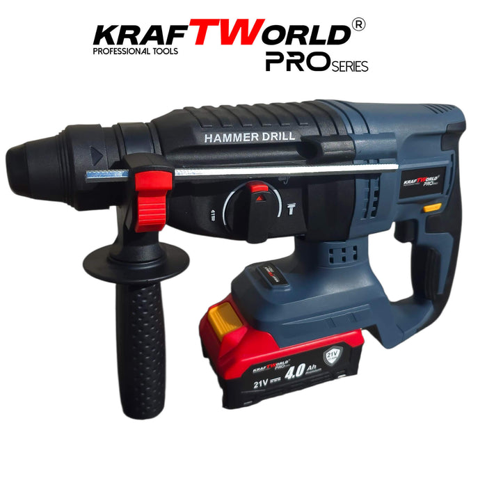 Акумулаторен перфоратор Kraftworld Pro– 21V, 4.0Ah, безчетков мотор, 2 батерии