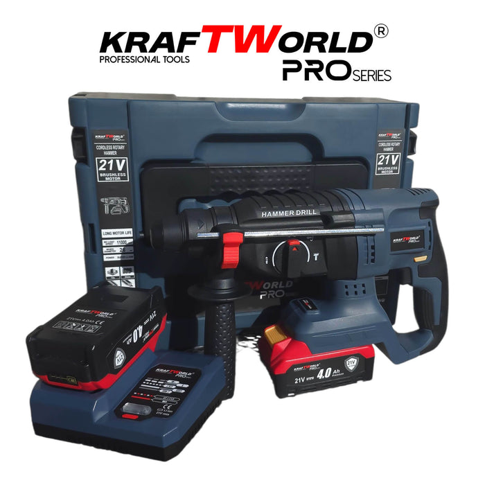Акумулаторен перфоратор Kraftworld Pro– 21V, 4.0Ah, безчетков мотор, 2 батерии