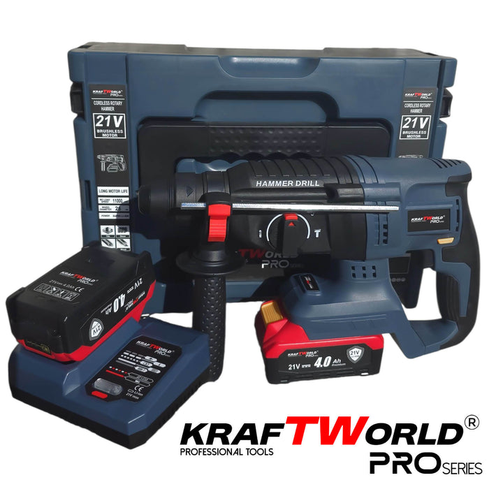 Акумулаторен перфоратор Kraftworld Pro– 21V, 4.0Ah, безчетков мотор, 2 батерии