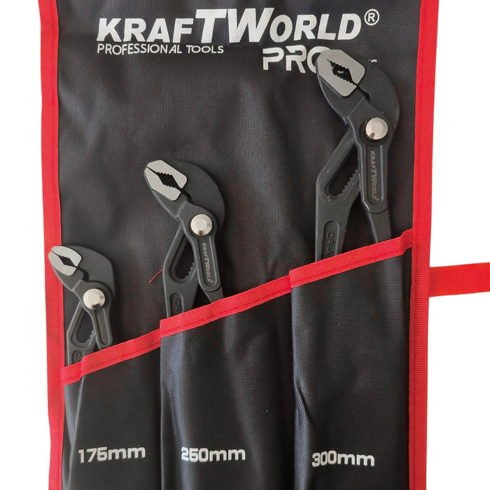Комплект Водопроводни Клещи тип гарги Kraftworld pro – 3 части 175 мм, 250 мм, 300 мм с калъф