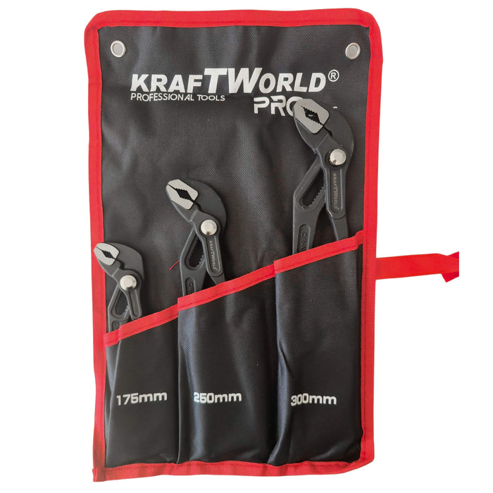 Комплект Водопроводни Клещи тип гарги Kraftworld pro – 3 части 175 мм, 250 мм, 300 мм с калъф