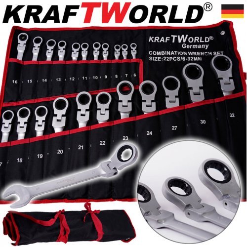 ПЪЛЕН КОМПЛЕКТ Тресчотни ключове 22 части KraftWorld 6-32мм с чупещо рамо