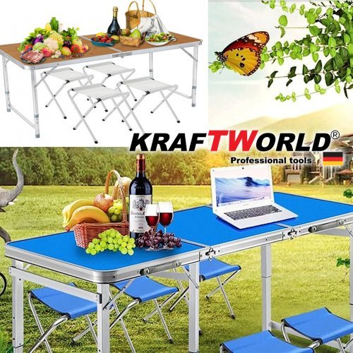 Комплект от 4 броя столове със сгъваема алуминиева маса 120 х 60 см. за пикник къмпинг градина тераса двор
