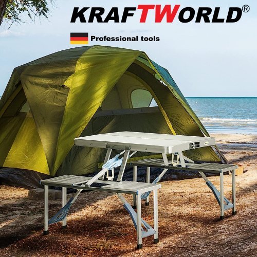 Алуминиева сгъваема маса за пикник KraftWorld с 4 стола,85x67x67 см